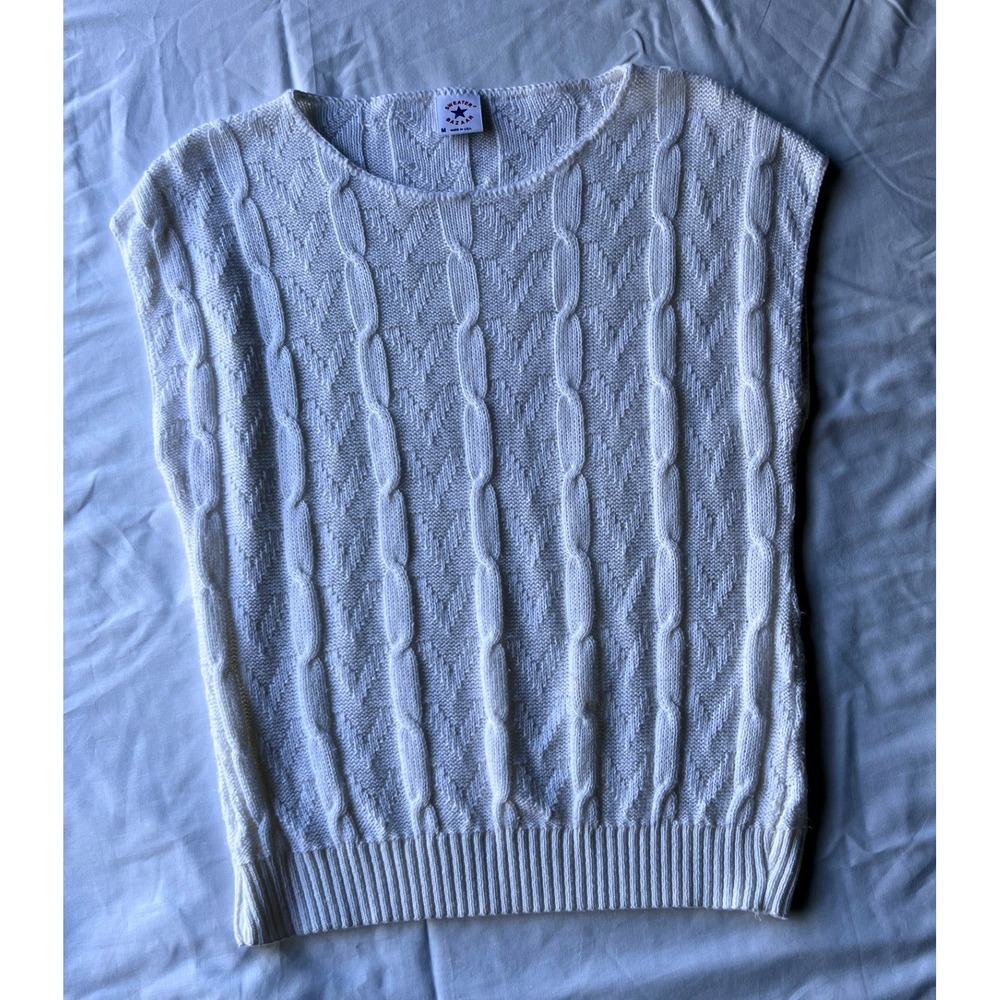 Sweater Bazaar Knit Vest Mens M White Excellent Vintage Cable Knit USA Made
